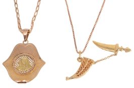 A Continental gold scimitar pendant on chain and another