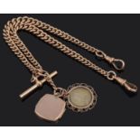 A 9ct rose gold watch Albert chain with Victorian gilt fob
