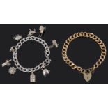 A 9ct gold curb link bracelet and Sterling silver charm bracelet