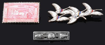 A large Continental enamelled Greek postage stamp brooch