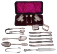 Late Vict. silver salts; with a cased pair of Edwardian ivory handled silver fish servers; others