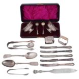 Late Vict. silver salts; with a cased pair of Edwardian ivory handled silver fish servers; others