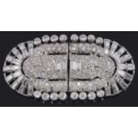 A large Continental Art Deco two piece diamond set dress clip brooch