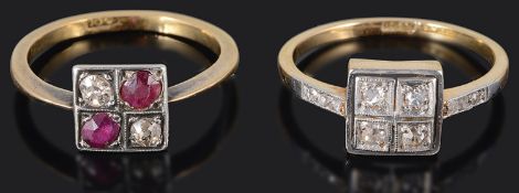 Two attractive Art Deco diamond and gem set rings