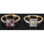 Two attractive Art Deco diamond and gem set rings