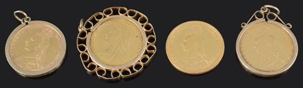Four Victoria gold full sovereigns, three mounted as pendants