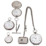 Four Victorian and later silver pocket watches, a silver Albert watch chain and a silver vesta case