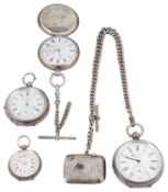 Four Victorian and later silver pocket watches, a silver Albert watch chain and a silver vesta case