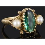 An attractive tourmaline and pearl ring