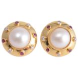A pair of Theo Fennell ruby and diamond set pearl earrings, circa 1990