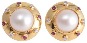 A pair of Theo Fennell ruby and diamond set pearl earrings, circa 1990