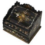 A Victorian gilt decorated and abalone shell inlaid black lacquer papier-mache stationary box