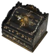 A Victorian gilt decorated and abalone shell inlaid black lacquer papier-mache stationary box