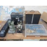 TWO MICROSCOPES, CASED SLIDE PROJECTOR PLUS CASED CASTO CONSTRUCTION KIT, ETC.