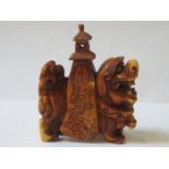 HEAVILY CARVED ORIENTAL IVORY MYTHICAL CREATURE FORM SCENT BOTTLE WITH STOPPER,