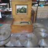 VICTORIAN MAHOGANY AND OAK CASED POLYPHON WITH INLAID PANEL TO TOP,