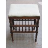 VICTORIAN PIANO STOOL WITH UPHOLSTERED SEAT AND SPINDLED STORAGE GALLERY ON TURNED SUPPORTS