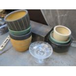 PARCEL OF VARIOUS POTTERY PLANT POTS AND LARGE CRYSTAL TAZZA