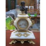 GILT METAL AND MARBLE MANTEL CLOCK WITH CAST METAL FIGURE TO TOP,