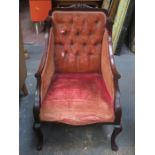 ANTIQUE MAHOGANY UPHOLSTERED ARMCHAIR,