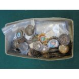 COLLECTION OF MOTHER OF PEARL HANDLES AND VARIOUS SPORTS FOBS