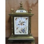 VICTORIAN BRASS FRENCH CHIMING MANTEL CLOCK WITH HAND GILDED AND DECORATED PANEL AND DIAL,