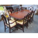 REPRODUCTION MAHOGANY INLAID BRIDGECRAFT EXTENDING DINING TABLE WITH ONE LEAF AND EIGHT CHAIRS (SIX