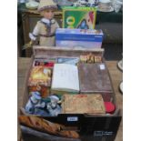 SUNDRY LOT INCLUDING BOARD GAMES, DOLL, CAMERA, TRAVEL STOVE, COSTUME JEWELLERY AND CERAMICS, ETC.