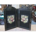 PAIR OF 19th CENTURY EBONISED AND GILDED TWO FOLD FIRE SCREENS,