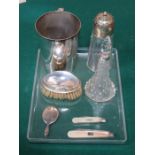 SILVER MOUNTED GLASS PERFUME BOTTLE, SILVER BRUSH, SILVER AND MOTHER OF PEARL FRUIT KNIVES,