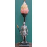 VINTAGE METAL KNIGHT FORM TABLE LAMP WITH ORANGE/RED GLASS SHADE,