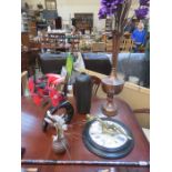 TALL COPPER JUG AND THREE VASES PLUS MODERN WALL CLOCK AND ALSO NUDE ORNAMENT, ETC.