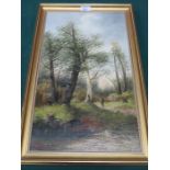 GILT FRAMED OIL ON CANVAS DEPICTING A GENT WITHIN A WOODLAND SCENE, SIGNATURE INDISTINCT,