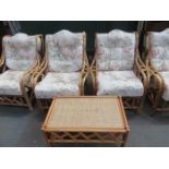 FOUR WICKER CONSERVATORY CHAIRS PLUS COFFEE TABLE