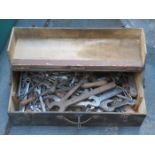 WOODEN TOOL CASE CONTAINING VARIOUS SPANNERS, ETC.