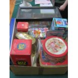 SUNDRY LOT INCLUDING STORAGE TINS, CARD GAMES, VIVARIUM AND PICTURE FRAME, ETC.