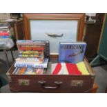 VINTAGE SUITCASE CONTAINING MILITARY RELATED VOLUMES, UNION JACK FLAG AND SPITFIRE PRINT, ETC.