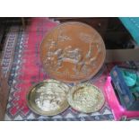 RELIEF DECORATIVE CIRCULAR COPPER WALL PLAQUES AND TWO OTHER PLAQUES