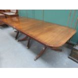 GOOD QUALITY INLAID REPRODUCTION MAHOGANY THREE PILLAR DINING TABLE