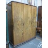 ART DECO WALNUT VENEERED THREE DOOR FITTED WARDROBE