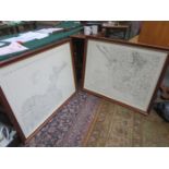 TWO FRAMED MONOCHROME SECTIONAL MAPS,