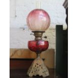 VINTAGE OIL LAMP WITH CRANBERRY GLASS RESERVOIR AND SHADE