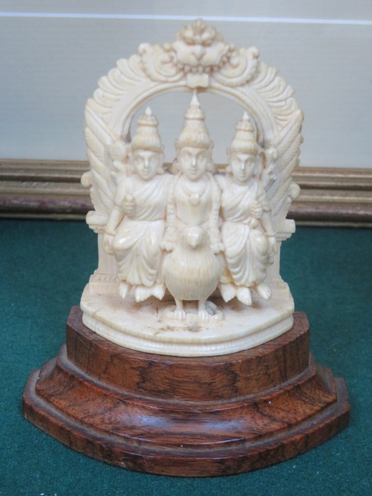 SMALL ANTIQUE INDIAN STYLE IVORY CARVING ON STAND