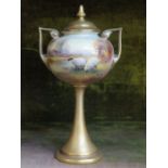 ROYAL WORCESTER GILDED AND STEMMED TWO HANDLED STORAGE POT AND COVER,