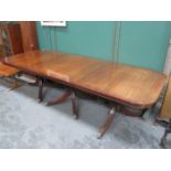 GOOD QUALITY INLAID REPRODUCTION MAHOGANY THREE PILLAR DINING TABLE