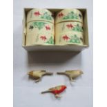 SET OF SIX ORIENTAL HANDPAINTED ANTIQUE IVORY NAPKIN RINGS AND MINIATURE CARVED BIRDS