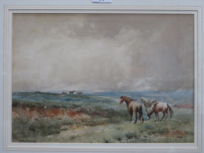 AB WALLER, FRAMED WATERCOLOUR DEPICTING PONIES ON DARTMOOR,