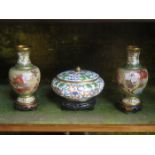 CLOISONNE STORAGE ORIENTAL POT AND COVER ON STAND PLUS PAIR OF ORIENTAL CLOISONNE VASES ON STAND