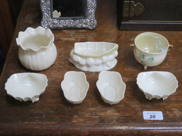 SEVEN PIECES OF BELLEEK INCLUDING BLACK MARK CAULDRON