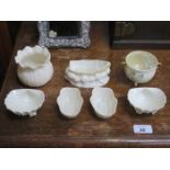 SEVEN PIECES OF BELLEEK INCLUDING BLACK MARK CAULDRON